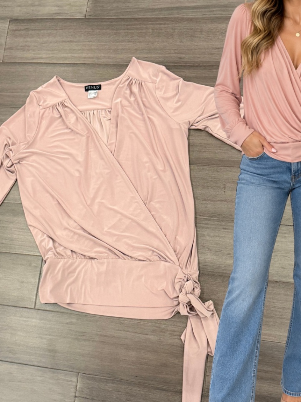 VENUS Blush Pink Long Sleeve Wrap Tie Blouse Size Small
